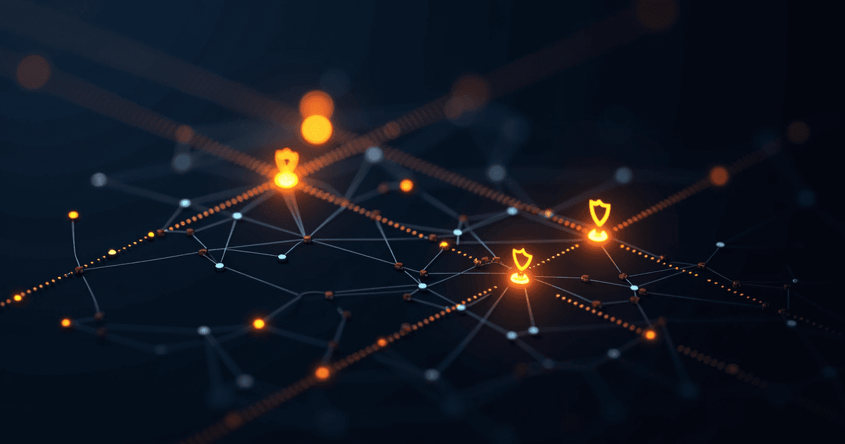 A dim mesh of nodes and links, three glowing shield icons posted along the edges — defense at the surface, where the easy wins live.