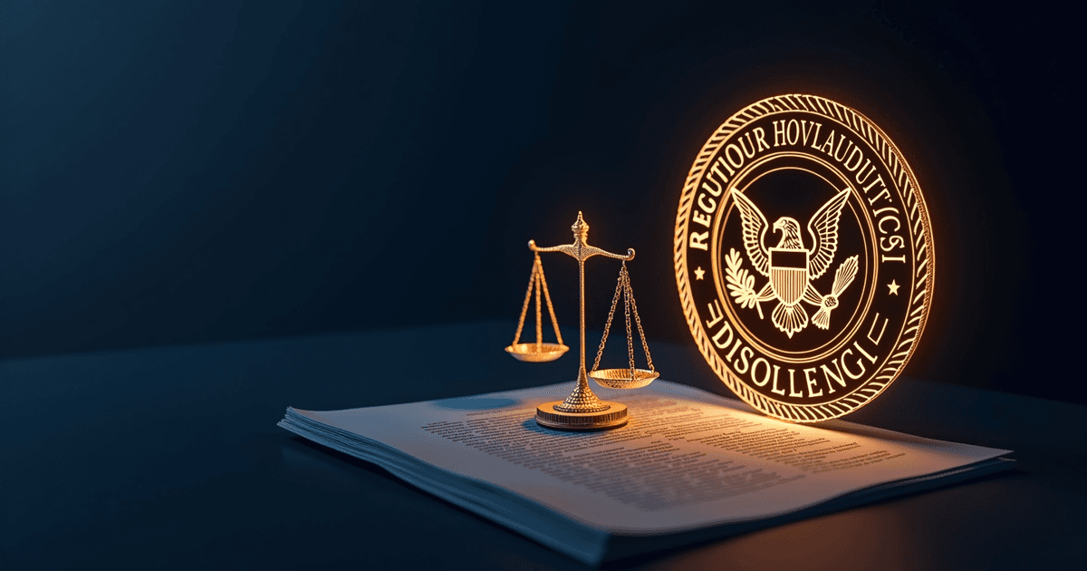 An open document on a dark desk beside the brass scales of justice, the SEC seal glowing gold above the page — what the disclosure rules actually want on the page.