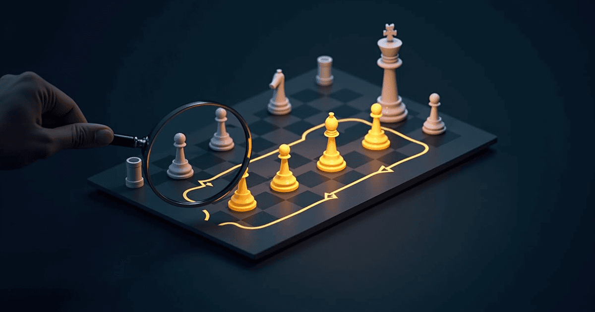 A hand holding a magnifying glass over a chessboard, a glowing path traced through the gold pieces — the failure mapped before the move is made.