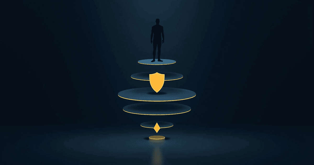 A silhouette standing on the topmost disc of an inverted pyramid, a golden shield on the platform below it, smaller stones tapering down to a single coin — the user moved up the stack, not down.