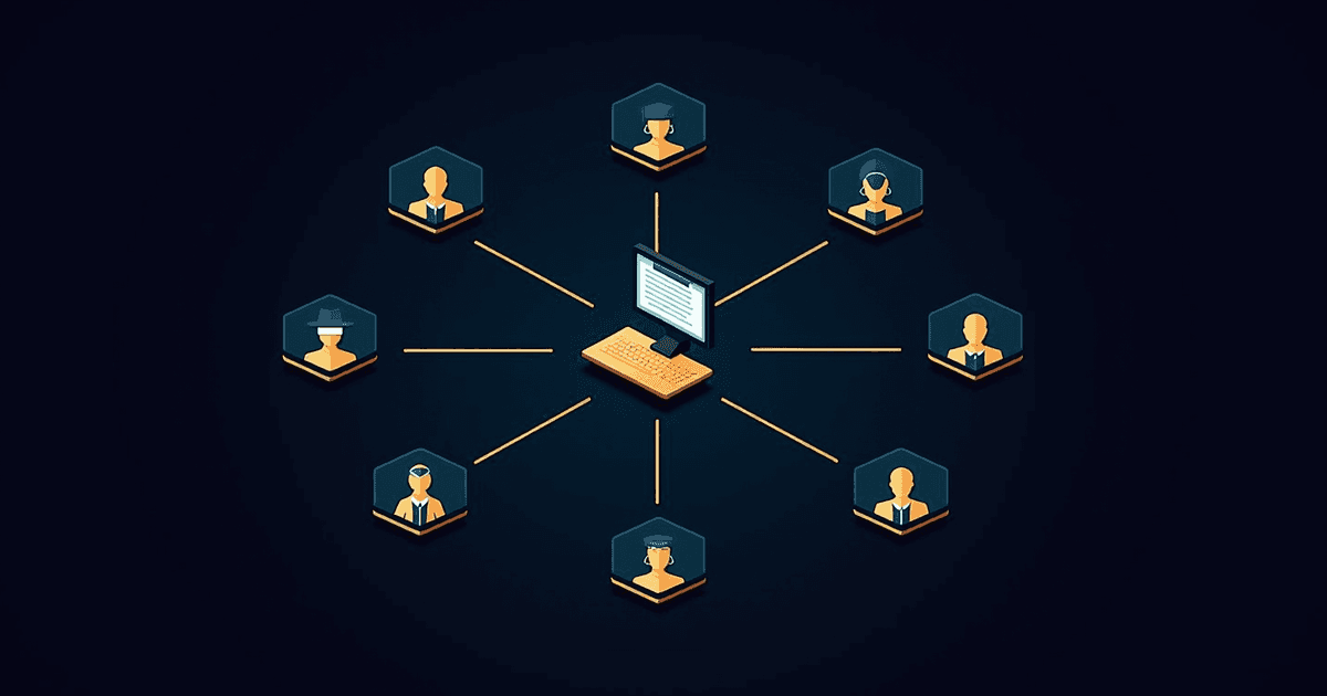 A central terminal connected by gold wires to eight hexagonal portraits arranged around it — the spread of roles a defense program actually runs on.