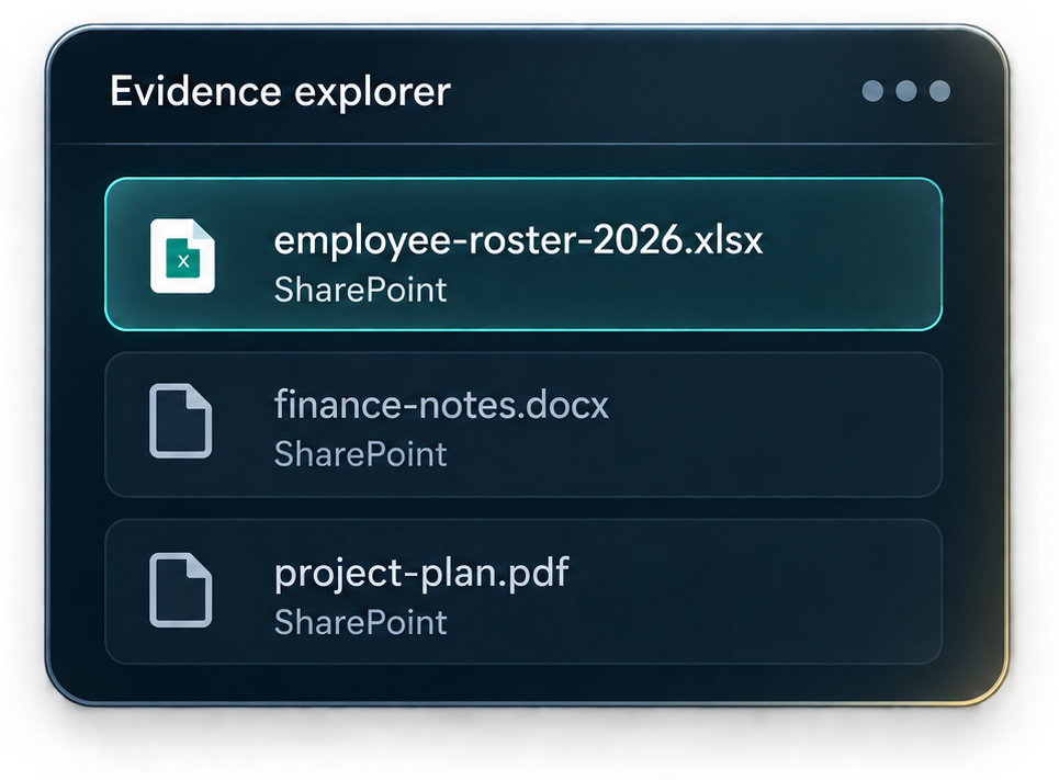 Illustrative evidence explorer. Selected SharePoint file employee-roster-2026.xlsx. Two other fictional files appear as context.