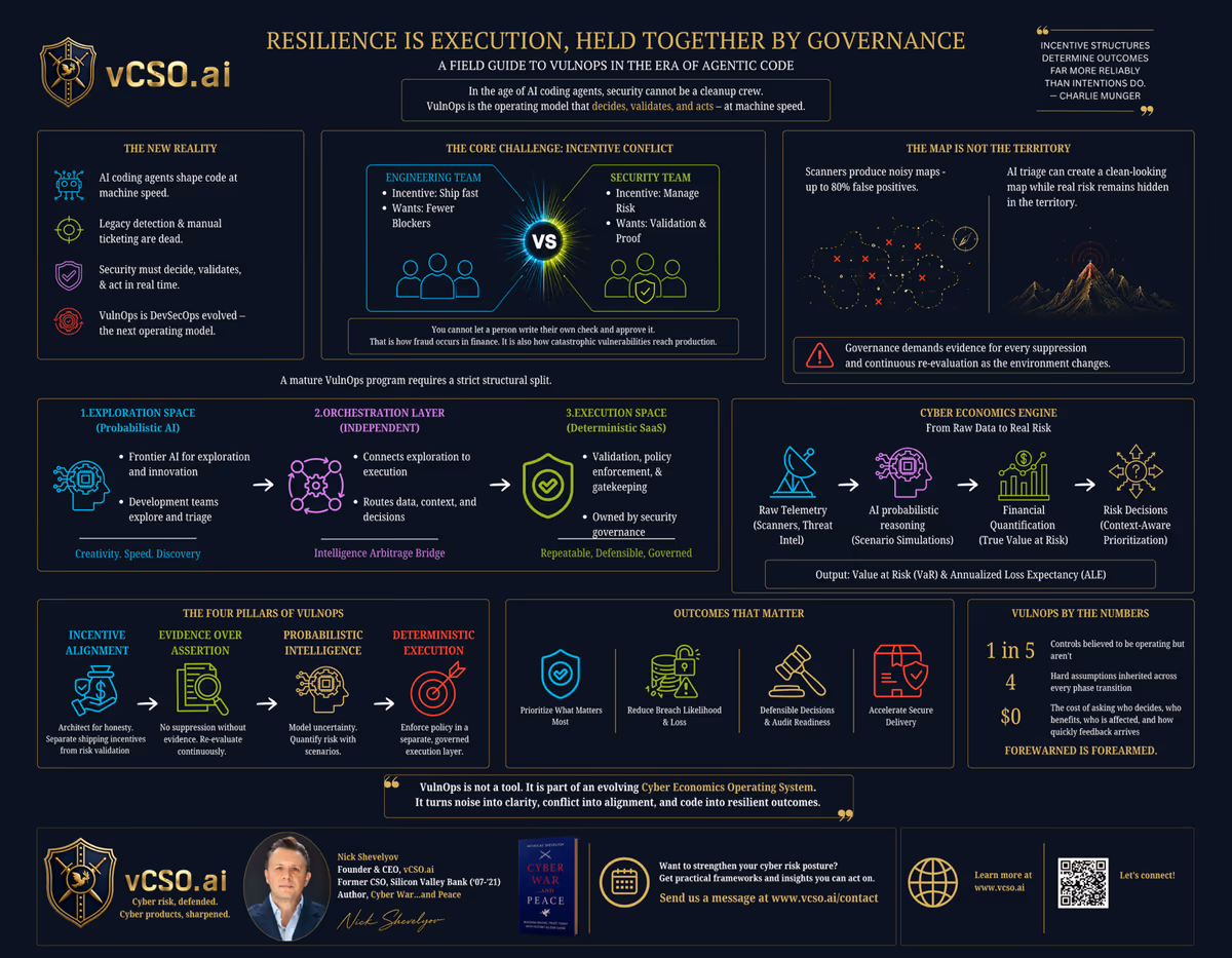 The VulnOps field guide on one page — the incentive conflict, the exploration-orchestration-execution stack, the cyber economics engine, and the four pillars rendered as a single governance control diagram.