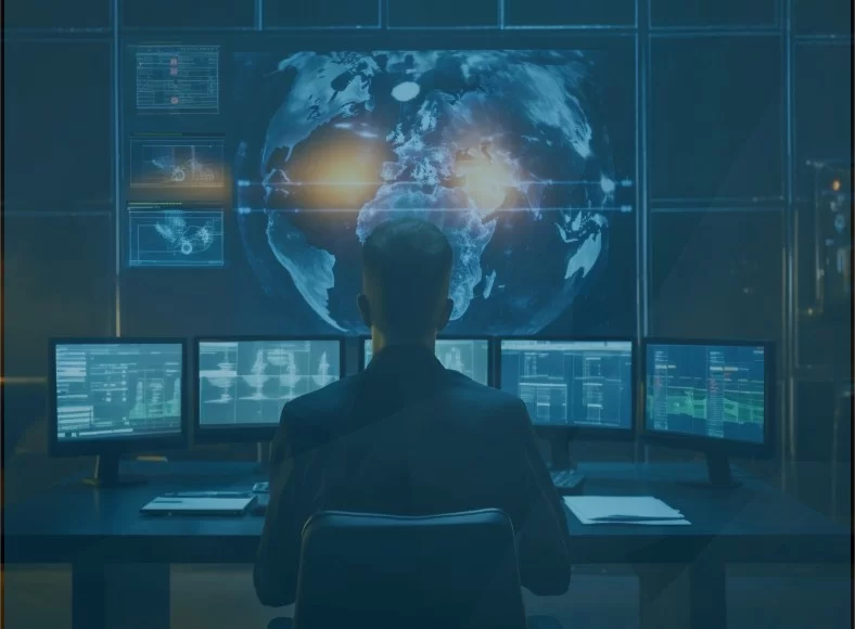 Analyst monitoring global security data across multiple computer screens.