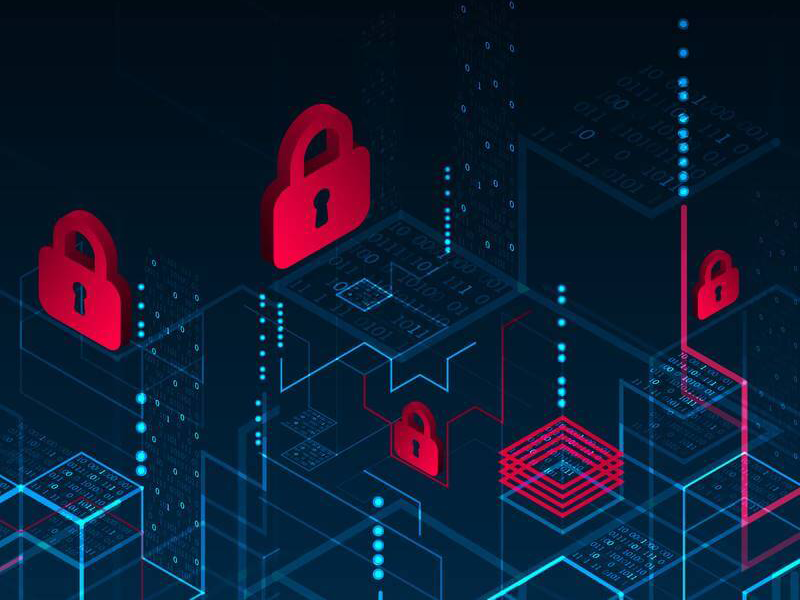 Red padlock icons over digital network background showing data security layers.