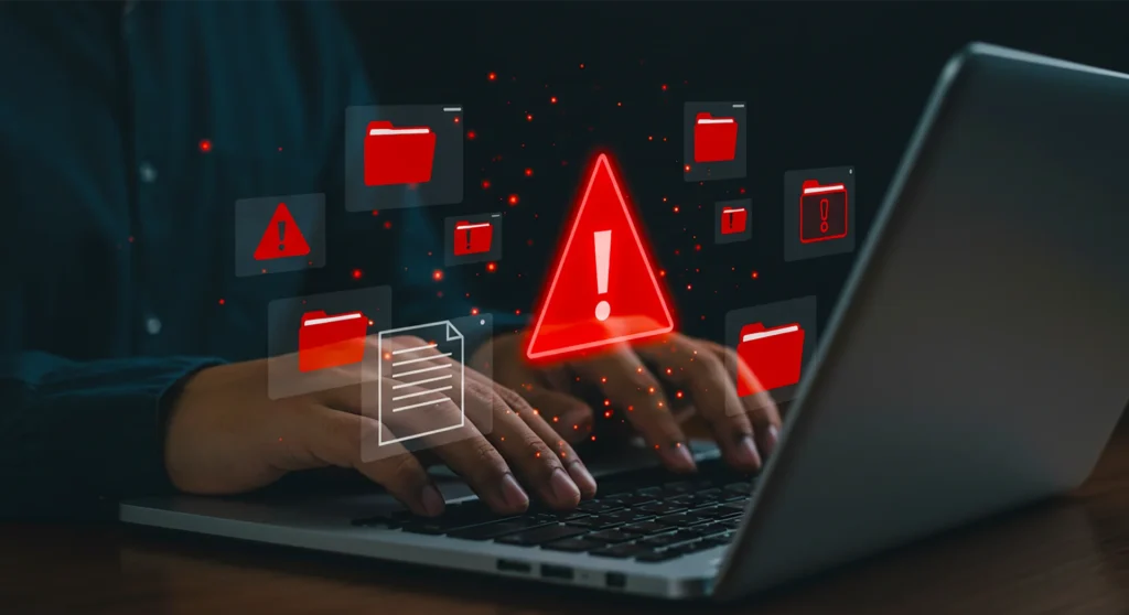cybersecurity, threat, concept, hacker, typing, laptop, red alert, icons, data breach, warning, malware